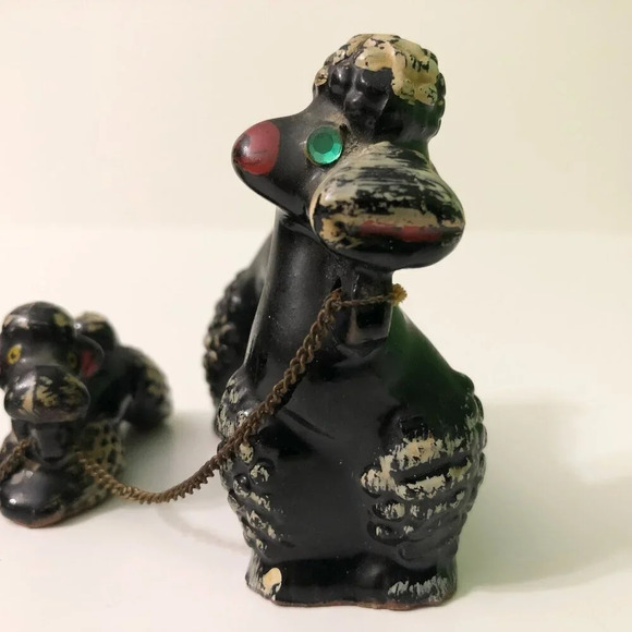 Vintage 60s Redware Poodle Family Set Mom Pups Black White on Chains Japan Flaws - Picture 9 of 16